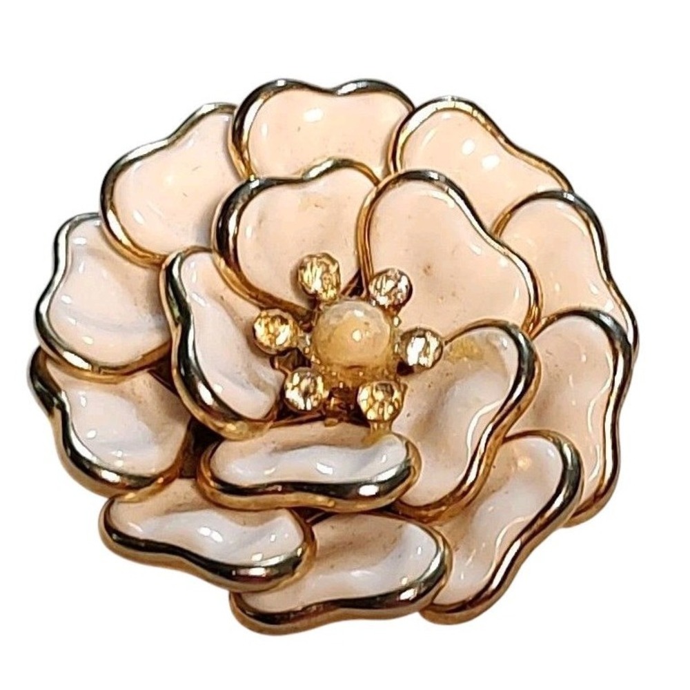 Vintage Flower Brooch Gold Tone Enamel White Petals Rhinestones Unsigned Read